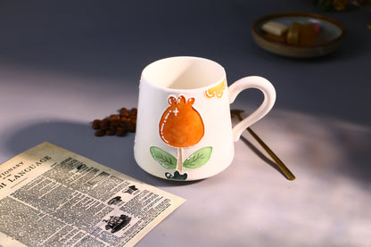 Cozy Handmade Coffee Mug – Hand-Painted Flower with Leaf Pottery Cup