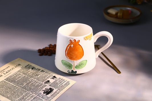 Orange Floral Ceramic Coffee Mug, Personalized Handmade Pottery Cup for Gifts