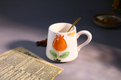 Cozy Handmade Coffee Mug – Hand-Painted Flower with Leaf Pottery Cup