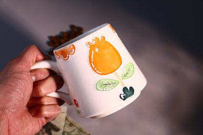 Cozy Handmade Coffee Mug – Hand-Painted Flower with Leaf Pottery Cup