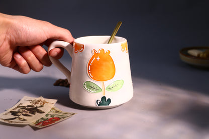 Cozy Handmade Coffee Mug – Hand-Painted Flower with Leaf Pottery Cup
