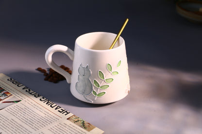 Hand-Painted Cat Ceramic Coffee Mug with Floral Art, Cute Pottery Tea Cup for Everyday Use
