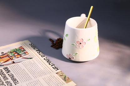 Hand-Painted Cat Ceramic Coffee Mug with Floral Art, Cute Pottery Tea Cup for Everyday Use