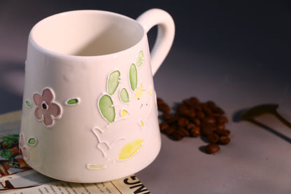 Hand-Painted Cat Ceramic Coffee Mug with Floral Art, Cute Pottery Tea Cup for Everyday Use
