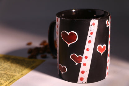Black Ceramic Coffee Mug with Red Hearts, Handmade Pottery Cup for Coffee Lovers