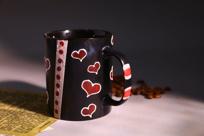 Black Ceramic Coffee Mug with Red Hearts, Handmade Pottery Cup for Coffee Lovers