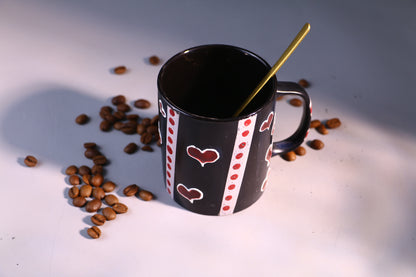 Black Ceramic Coffee Mug with Red Hearts, Handmade Pottery Cup for Coffee Lovers