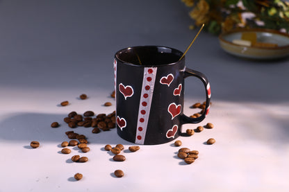 Black Ceramic Coffee Mug with Red Hearts, Handmade Pottery Cup for Coffee Lovers