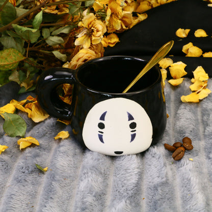 Handmade Ceramic Coffee Mug with Mask Design, Anime-Inspired Pottery Cup for Fans & Collectors