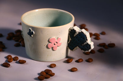 Handmade Ceramic Mug – Cactus-Shaped Handle, Crackle Glaze Design Inside