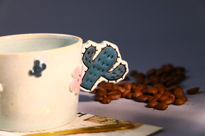 Handmade Ceramic Mug – Cactus-Shaped Handle, Crackle Glaze Design Inside