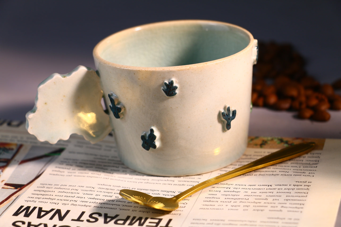 Handmade Ceramic Mug – Cactus-Shaped Handle, Crackle Glaze Design Inside