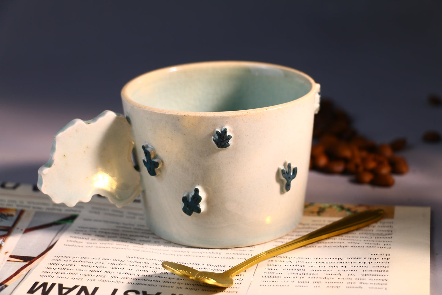 Handmade Ceramic Mug – Cactus-Shaped Handle, Crackle Glaze Design Inside