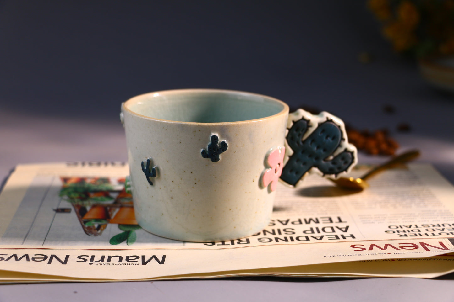 Handmade Ceramic Mug – Cactus-Shaped Handle, Crackle Glaze Design Inside