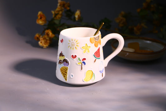 Ice Cream & Sun Umbrella Hand-Painted Ceramic Mugs, Personalized Pottery Mug for Gifts