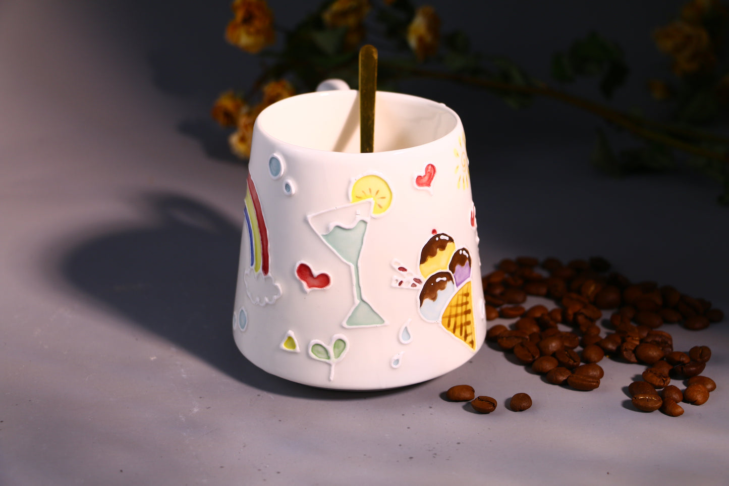 Ice Cream & Sun Umbrella Hand-Painted Ceramic Mugs, Personalized Pottery Mug for Gifts