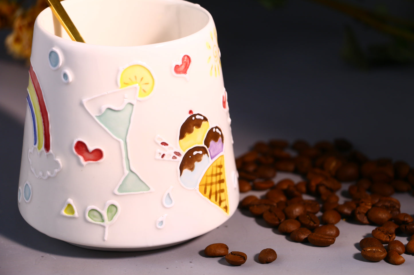 Ice Cream & Sun Umbrella Hand-Painted Ceramic Mugs, Personalized Pottery Mug for Gifts