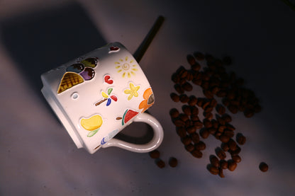Ice Cream & Sun Umbrella Hand-Painted Ceramic Mugs, Personalized Pottery Mug for Gifts