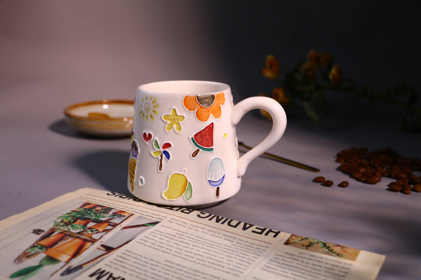 Ice Cream & Sun Umbrella Hand-Painted Ceramic Mugs, Personalized Pottery Mug for Gifts