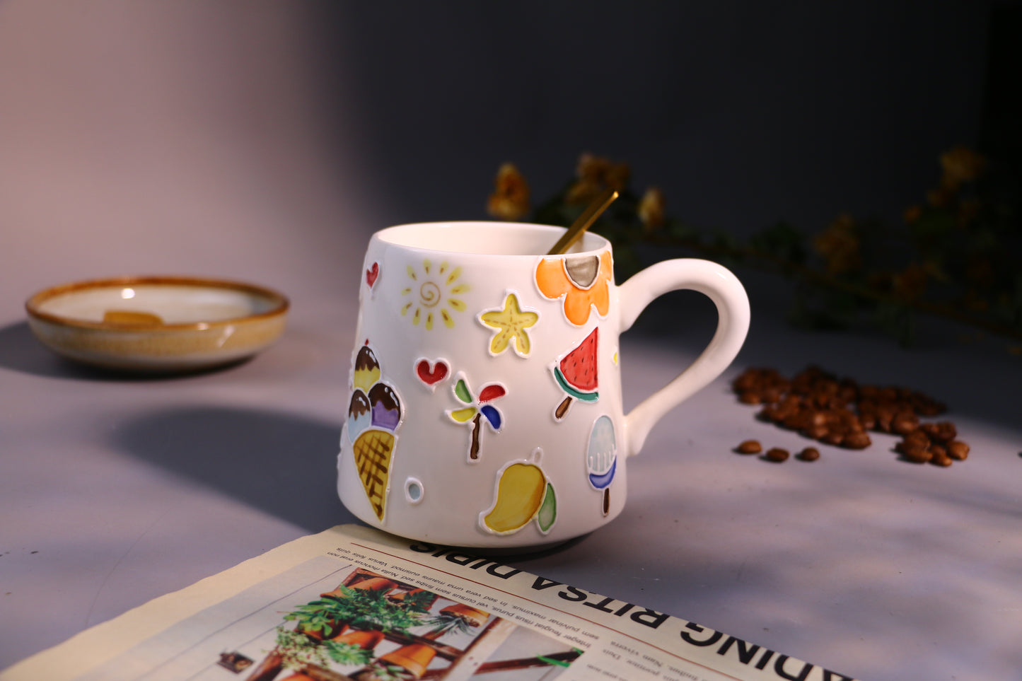 Ice Cream & Sun Umbrella Hand-Painted Ceramic Mugs, Personalized Pottery Mug for Gifts