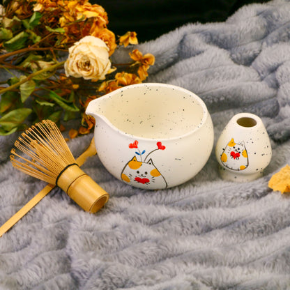Hand-Painted Cat Matcha Bowl Set, Pottery White Chawan with Heart Kitty Design