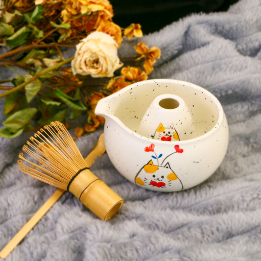 Hand-Painted Cat Matcha Bowl Set, Pottery White Chawan with Heart Kitty Design