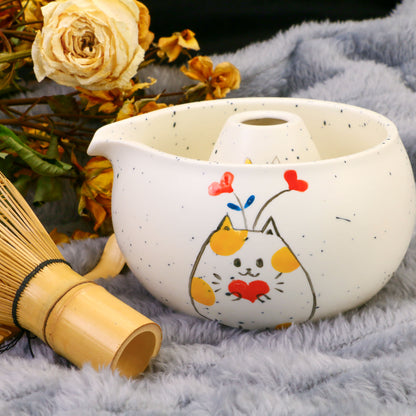 Hand-Painted Cat Matcha Bowl Set, Pottery White Chawan with Heart Kitty Design