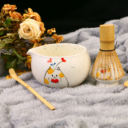 Hand-Painted Cat Matcha Bowl Set, Pottery White Chawan with Heart Kitty Design