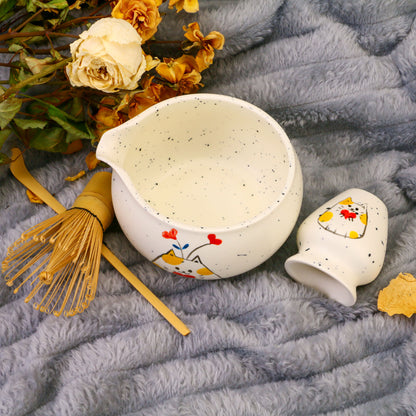 Hand-Painted Cat Matcha Bowl Set, Pottery White Chawan with Heart Kitty Design