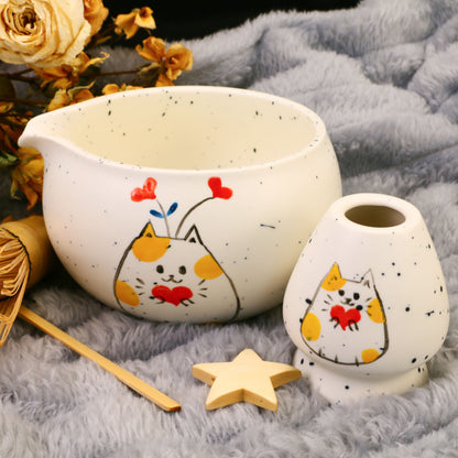 Hand-Painted Cat Matcha Bowl Set, Pottery White Chawan with Heart Kitty Design