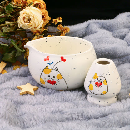 Hand-Painted Cat Matcha Bowl Set, Pottery White Chawan with Heart Kitty Design