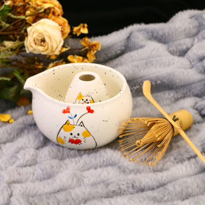 Hand-Painted Cat Matcha Bowl Set, Pottery White Chawan with Heart Kitty Design