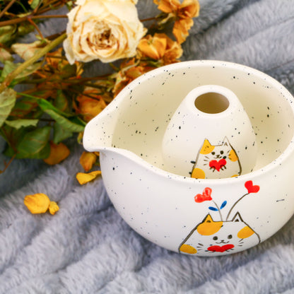 Hand-Painted Cat Matcha Bowl Set, Pottery White Chawan with Heart Kitty Design