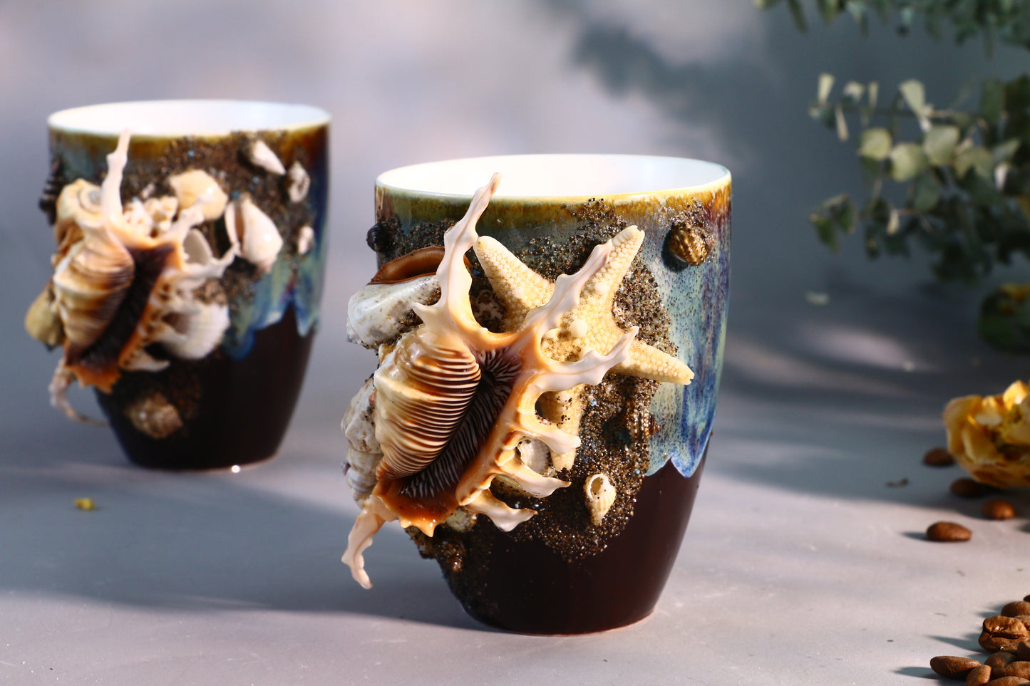 Sea Shell Ceramic Coffee Mug, Ocean Series Personalized Handmade Pottery Cup for Gifts