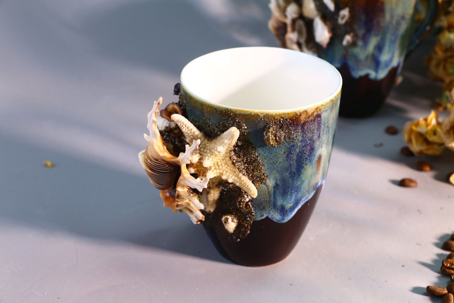 Sea Shell Ceramic Coffee Mug, Ocean Series Personalized Handmade Pottery Cup for Gifts