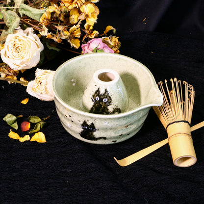 Handmade Matcha Bowl Set with Black Cat, Custom Green Pottery Chawan, Unique Gift for Cat Lovers & Tea Enthusiasts