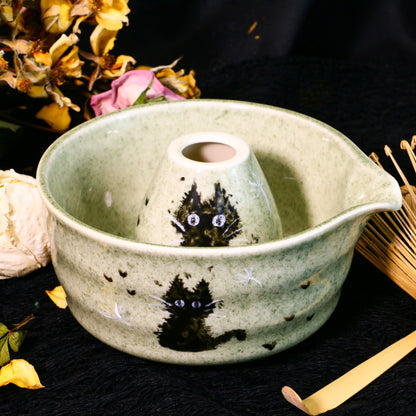 Handmade Matcha Bowl Set with Black Cat, Custom Green Pottery Chawan, Unique Gift for Cat Lovers & Tea Enthusiasts