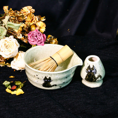 Handmade Matcha Bowl Set with Black Cat, Custom Green Pottery Chawan, Unique Gift for Cat Lovers & Tea Enthusiasts