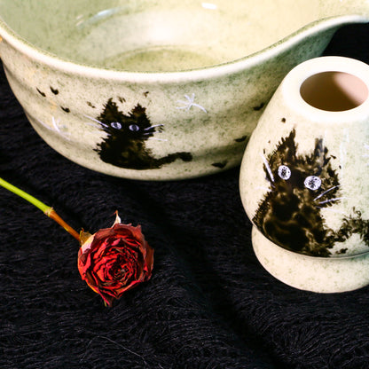 Handmade Matcha Bowl Set with Black Cat, Custom Green Pottery Chawan, Unique Gift for Cat Lovers & Tea Enthusiasts