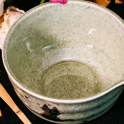 Handmade Matcha Bowl Set with Black Cat, Custom Green Pottery Chawan, Unique Gift for Cat Lovers & Tea Enthusiasts