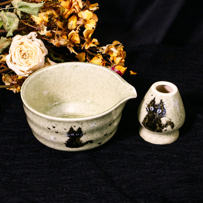 Handmade Matcha Bowl Set with Black Cat, Custom Green Pottery Chawan, Unique Gift for Cat Lovers & Tea Enthusiasts