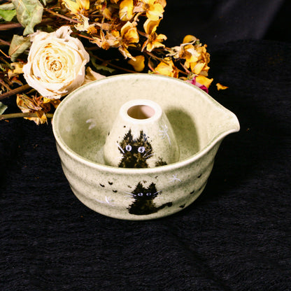 Handmade Matcha Bowl Set with Black Cat, Custom Green Pottery Chawan, Unique Gift for Cat Lovers & Tea Enthusiasts