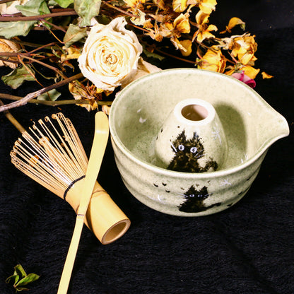 Handmade Matcha Bowl Set with Black Cat, Custom Green Pottery Chawan, Unique Gift for Cat Lovers & Tea Enthusiasts