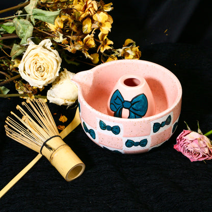 Ceramic Matcha Bowl Set with Colorful Bow Tie Design, Kawaii Ceremony Gift for Tea Lovers
