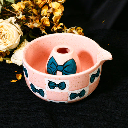Ceramic Matcha Bowl Set with Colorful Bow Tie Design, Kawaii Ceremony Gift for Tea Lovers