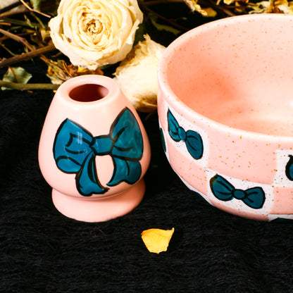 Ceramic Matcha Bowl Set with Colorful Bow Tie Design, Kawaii Ceremony Gift for Tea Lovers