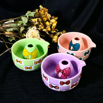 Ceramic Matcha Bowl Set with Colorful Bow Tie Design, Kawaii Ceremony Gift for Tea Lovers