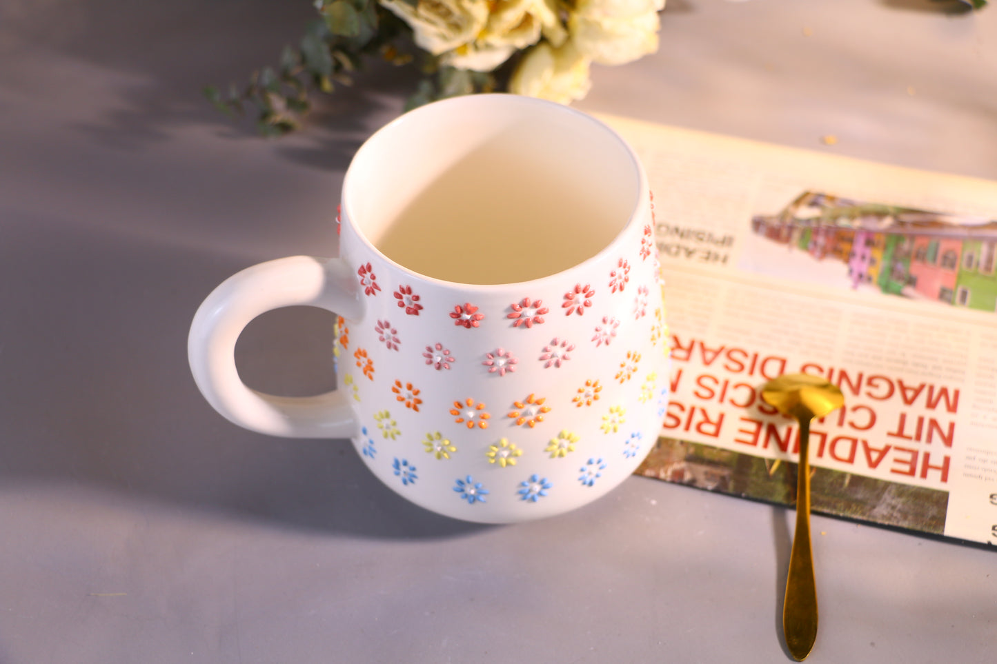 Rainbow Flower Ceramic Coffee Mug, Personalized Handmade Pottery Cup for Gifts