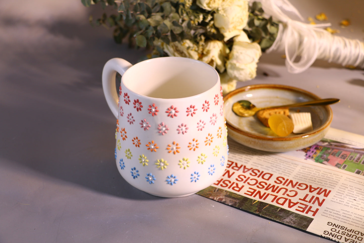 Rainbow Flower Ceramic Coffee Mug, Personalized Handmade Pottery Cup for Gifts