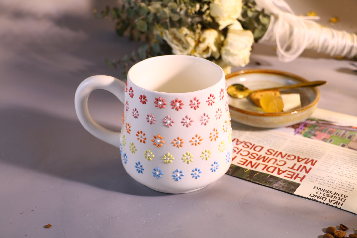 Rainbow Flower Ceramic Coffee Mug, Personalized Handmade Pottery Cup for Gifts